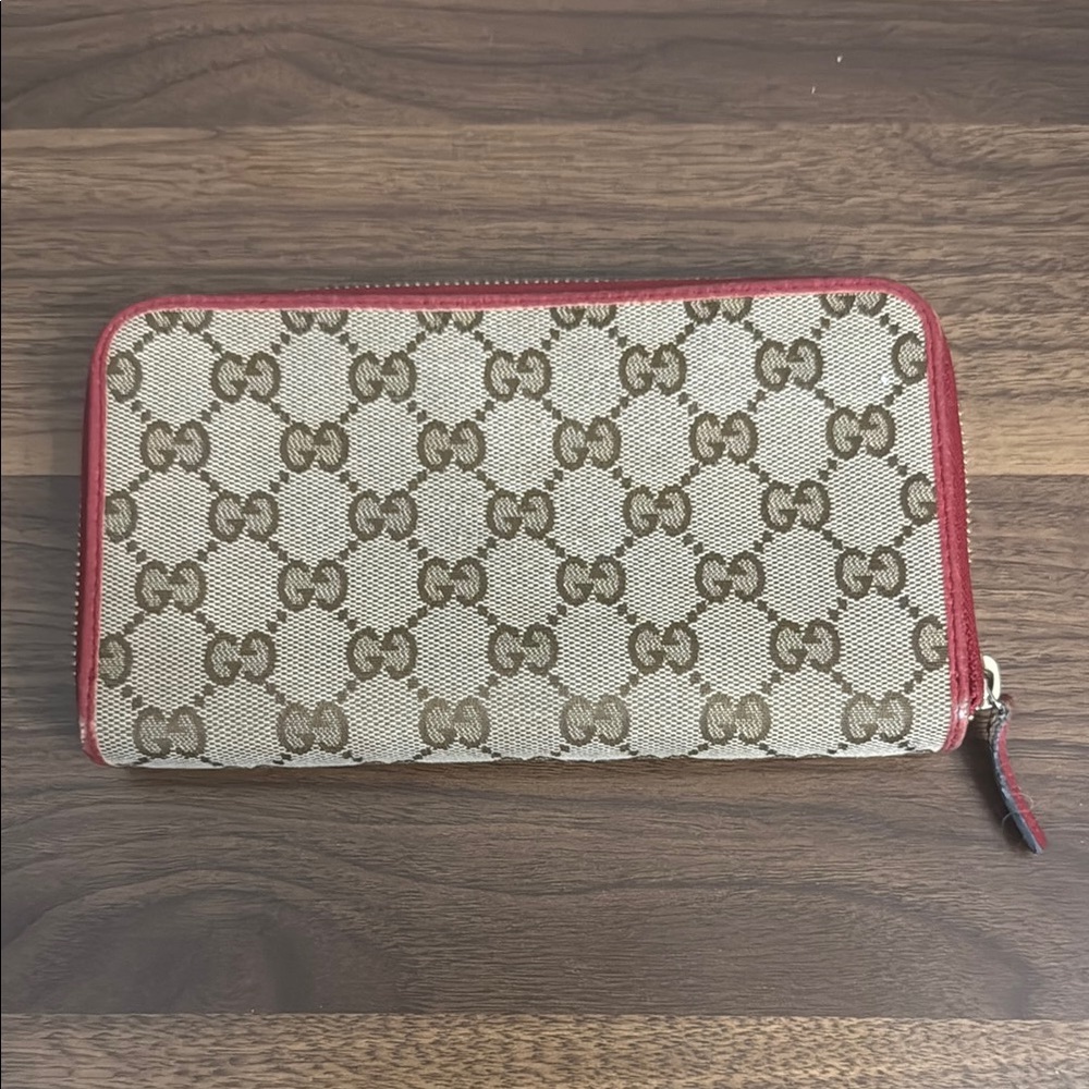 Gucci Beige and Brown Patterned Wallet with Red Trim
